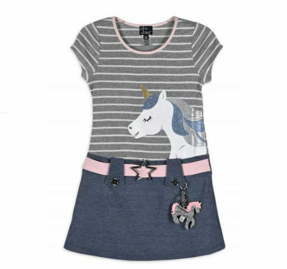 Pink & Violet Blue/Gray Striped Marsha Unicorn Dress w/ Unicorn Keychain