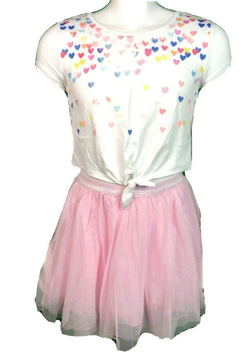 Btween White/Pink Heart Top w/Puffy Sparkle Skirt 2 Pc Set