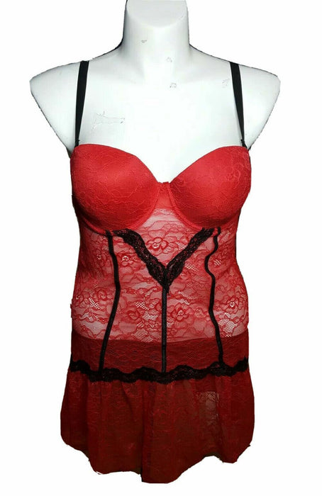 Inteco Intimates Red/Black Lace Sexy Valentine 2 Pic Lingerie Set w/ Thong