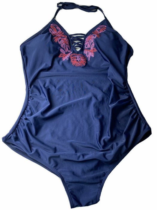 Women's Blue Floral Cross Front Halter Swimsuit (Size Plus: XL)