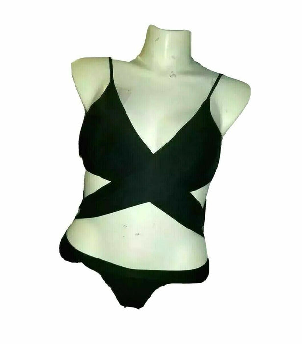 Women's Black Criss Cross Front One Piece Swimsuit (Size: S)