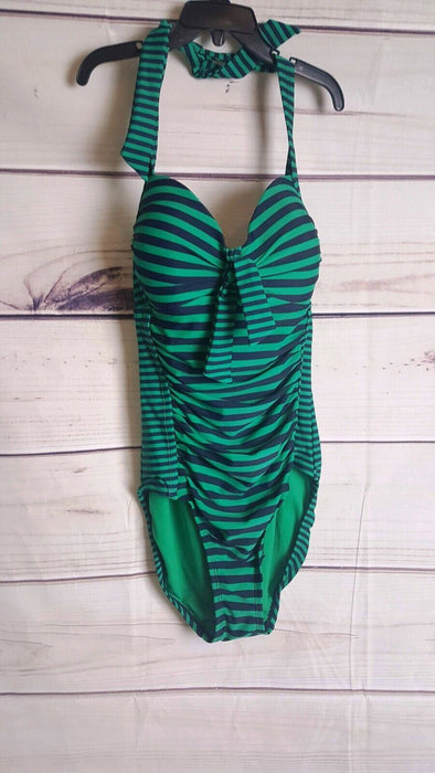 Merona | Blue & Green Striped Retro Halter One Piece Swimsuit (Size: S/P)