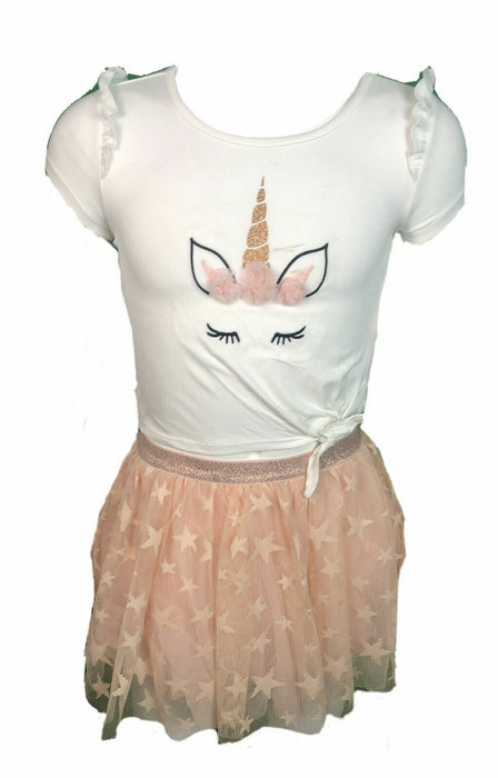 Btween White/Peach Unicorn Top w/Puffy Sparkle Skirt 2 Pc Set