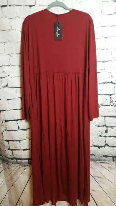 Amzplus Wine Long Sleeve Swing Dress Red (Size: 4XL)