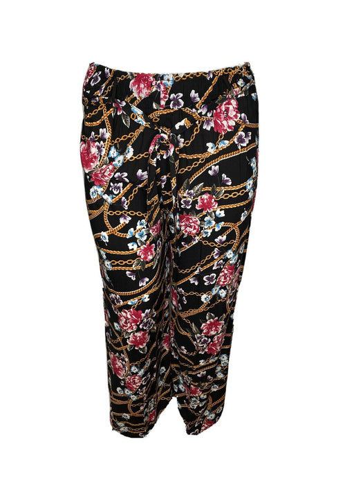 New Look Women's Floral Wide Leg Loose Fit Pants w/ Belt Black (Size: XL)