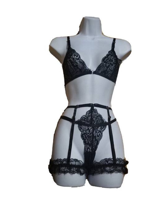 Women's Black Lace Submissive Bralette Set with Harness Rings (Size: S)