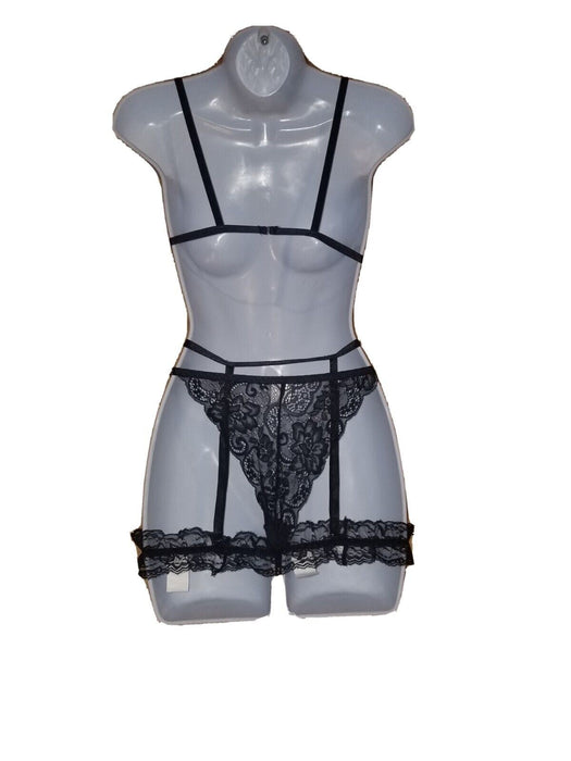 Women's Black Lace Submissive Bralette Set with Harness Rings (Size: S)