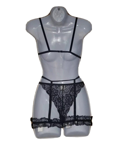 Women's Black Lace Submissive Bralette Set with Harness Rings (Size: S)