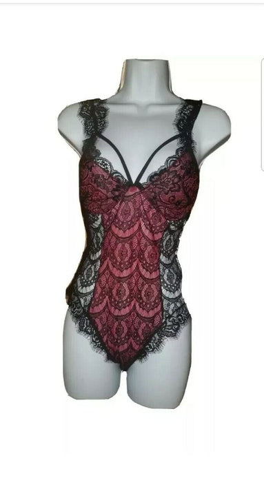 Women's Black & Red Lace Bodysuit (Size: M)