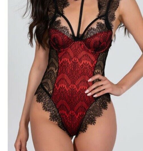 Women's Black & Red Lace Bodysuit (Size: M)