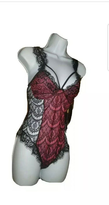 Women's Black & Red Lace Bodysuit (Size: M)