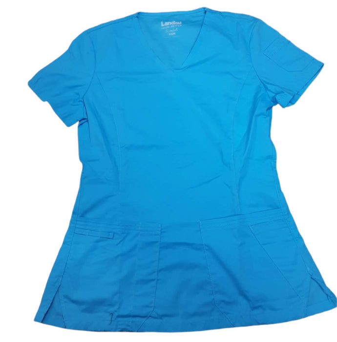 Landau Women's Light Blue 4-Pocket V-Neck Classic Fit Solid Scrub Top  (XSM)