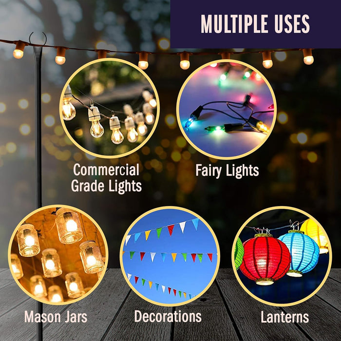 String Light Poles for Outdoor String Lights - 9FT Metal Light Poles w/ Hooks