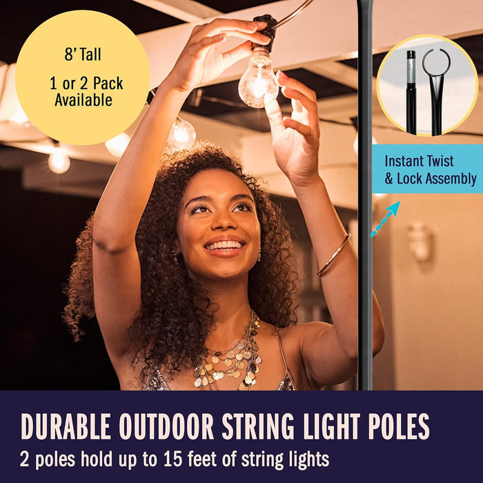 String Light Poles for Outdoor String Lights - 9FT Metal Light Poles w/ Hooks