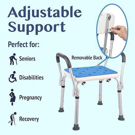 Medokare Premium Shower Adjustable Medical Bench w/ Back Support & Rails Local