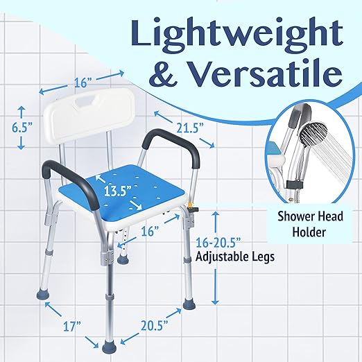 Medokare Premium Shower Adjustable Medical Bench w/ Back Support & Rails Local