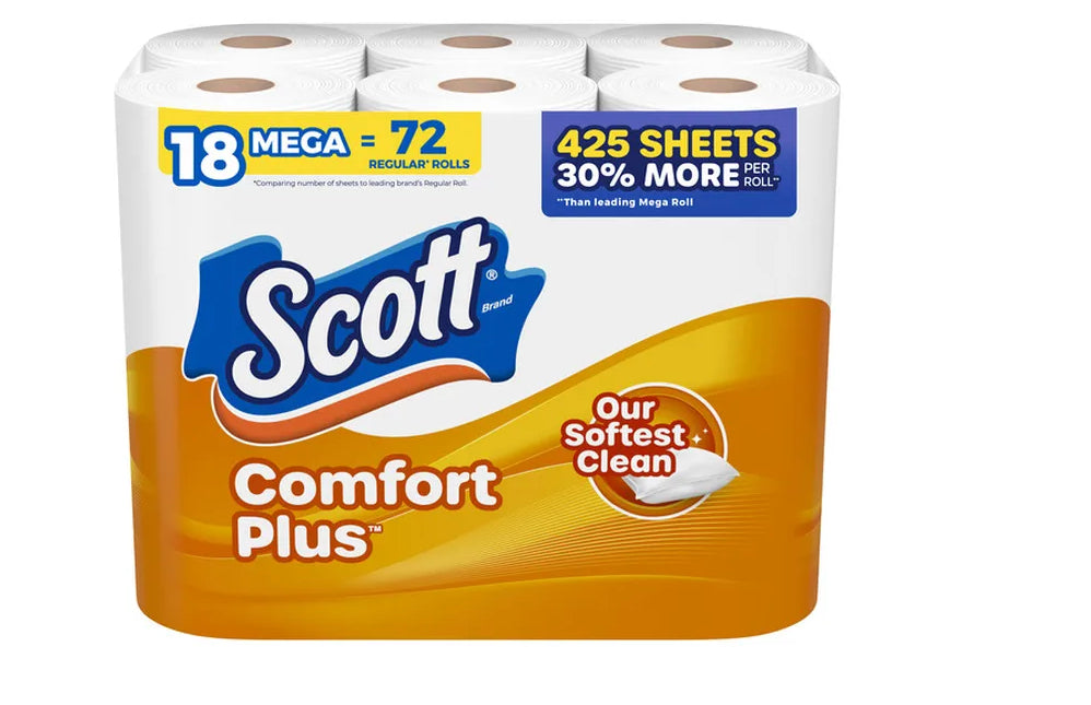 Scott Comfort Plus Toilet Paper, Strong Toilet Tissue 18 Mega Rolls = 72 ( 2 - 18 Pack $24.99)