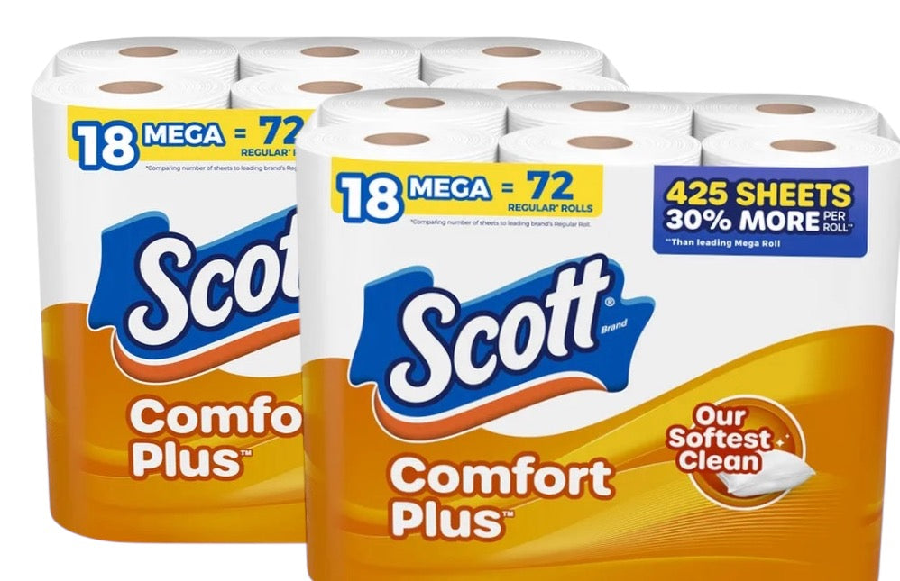 Scott Comfort Plus Toilet Paper, Strong Toilet Tissue 18 Mega Rolls = 72 ( 2 - 18 Pack $24.99)