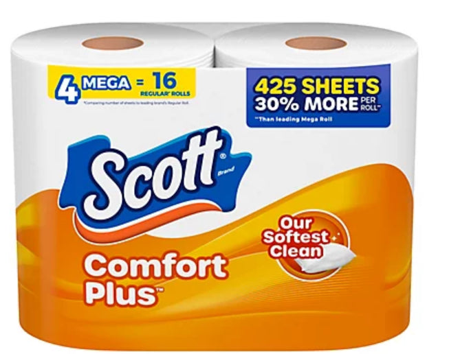 Scott ComfortPlus Toilet Paper, 425 Sheets per Roll, 4 Mega Rolls = 16