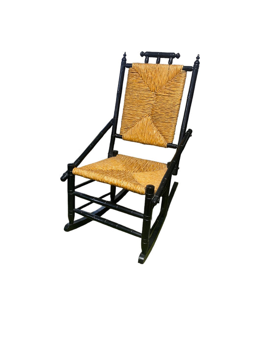 Antique Mid-Century Rush Splint Woven Bamboo Small Rocker Rocking Chair Black