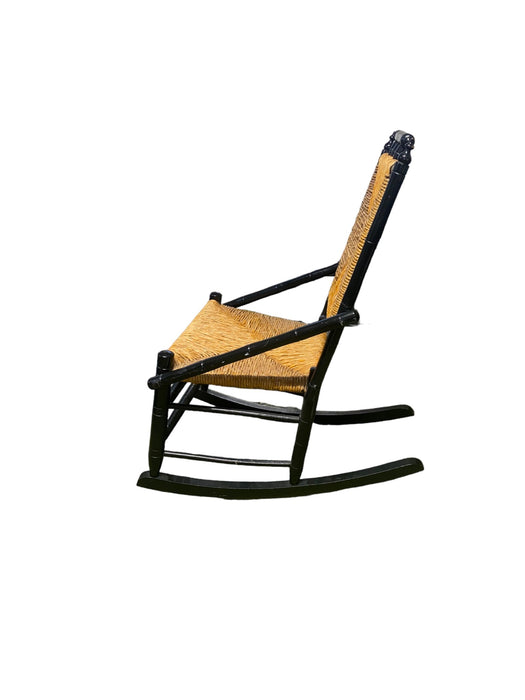 Antique Mid-Century Rush Splint Woven Bamboo Small Rocker Rocking Chair Black