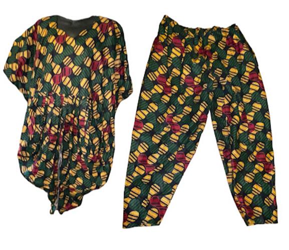 African Print Women's Kaftan Tunic & Elastic High Waist Harlem Pants Set Multico