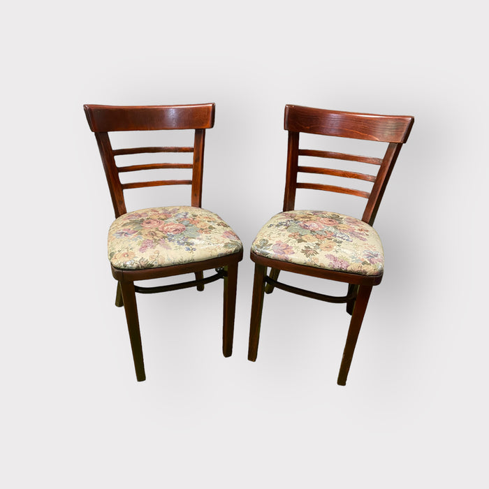 Vintage Ladder Back Wood Side Chairs w/ Flower Upholstery Seating (Set of 2)