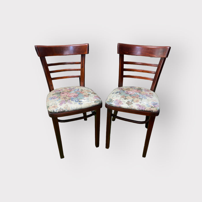 Vintage Ladder Back Wood Side Chairs w/ Flower Upholstery Seating (Set of 2)