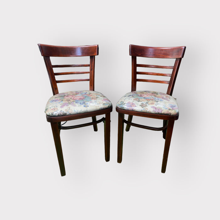 Vintage Ladder Back Wood Side Chairs w/ Flower Upholstery Seating (Set of 2)