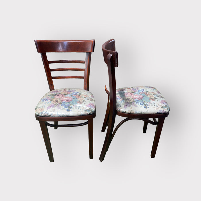 Vintage Ladder Back Wood Side Chairs w/ Flower Upholstery Seating (Set of 2)