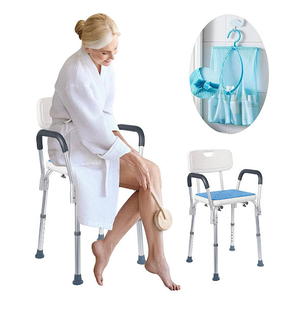 Medokare Premium Shower Adjustable Medical Bench w/ Back Support & Rails Local