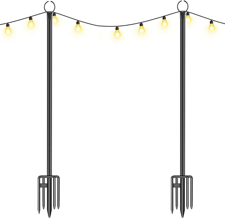 String Light Poles for Outdoor String Lights - 9FT Metal Light Poles w/ Hooks