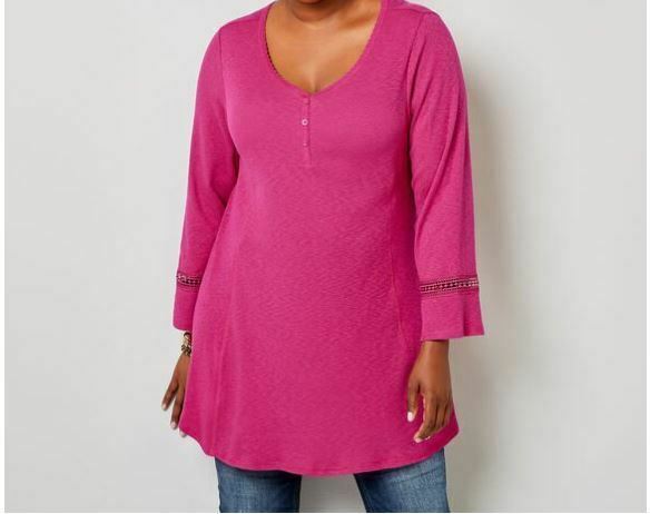 Avenue Pink Ribbed Knit Henley Long Sleeve Tunic Top