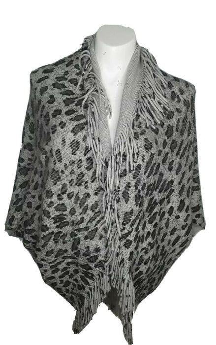 Ana & Kate Grey Leopard Design Fringe Shawl (Size: One Size)