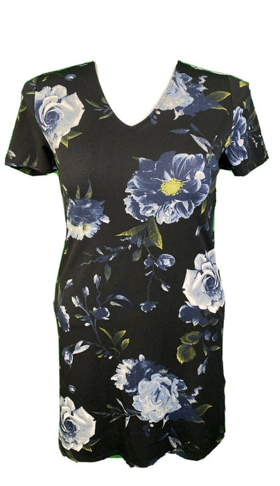 Christian Siriano Black Floral V-Neck Short Sleeve Dress (Size: S)