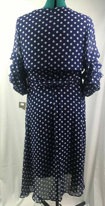 Melonie Deep V-Neck Polka Dotted Dress Blue/White (Size: 10)