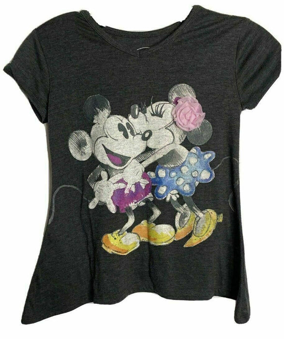 Mickey Mouse & Minnie Mouse Disney 3D Design V-Neck T-Shirt Gray Girls (Size: M)