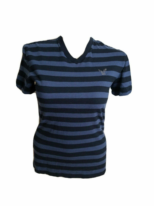 American Eagle Stripped Athletic Fit T-Shirt Navy Blue Women's (Size: S)