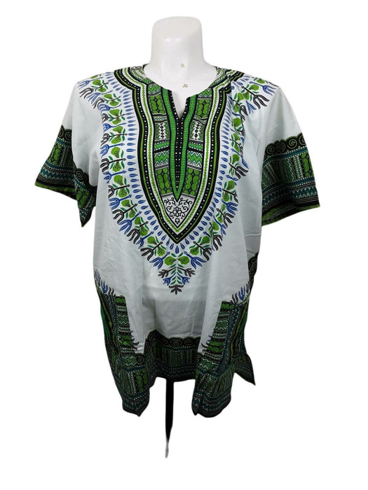 Big Mama Women's White/Green Floral African Dashiki Top (Size: 1X)