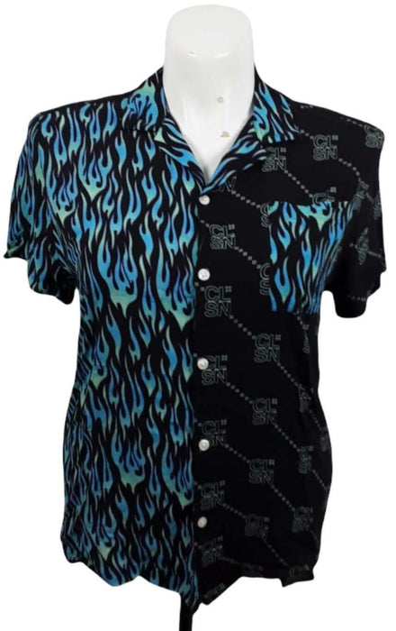 Collusion Graphic Design Collard Blue/ Black Fire Shirt (Size: S)