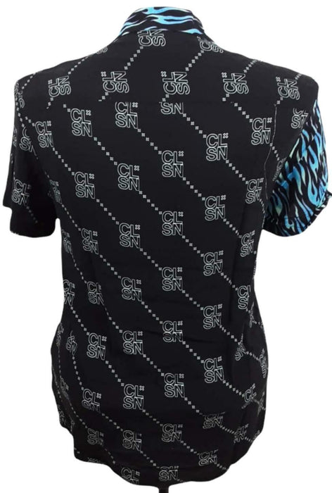 Collusion Graphic Design Collard Blue/ Black Fire Shirt (Size: S)