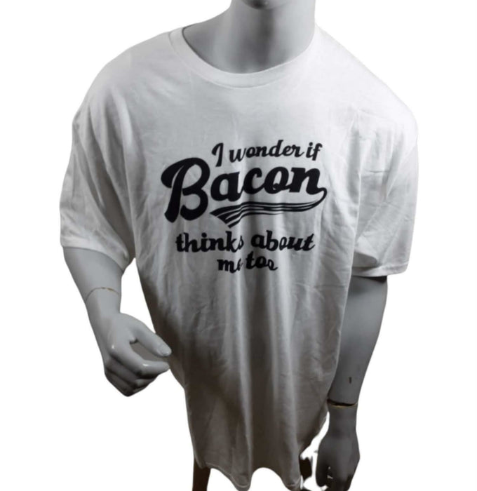 Delta Pro Men's White "I Wonder If Bacon Think About Me Too" T-Shirt (Size: 2XL)