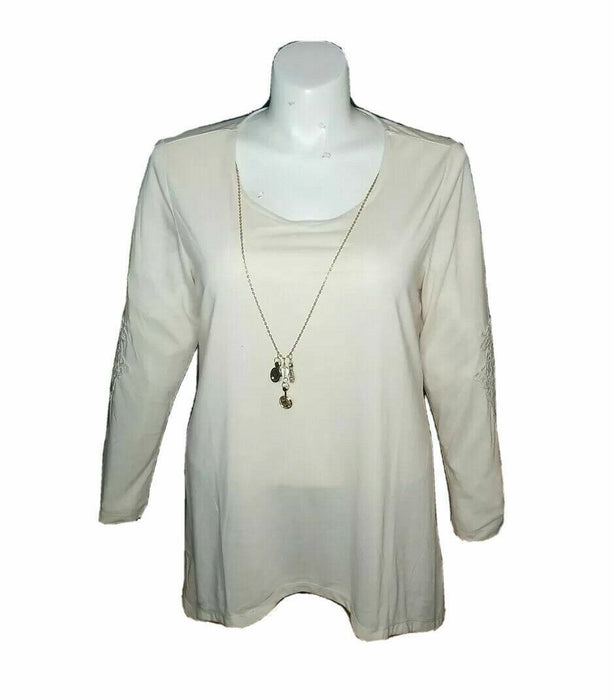 Karen Brooks Beige Long Sleeve Lace elbow Top w/ Necklace (Size: 1X)