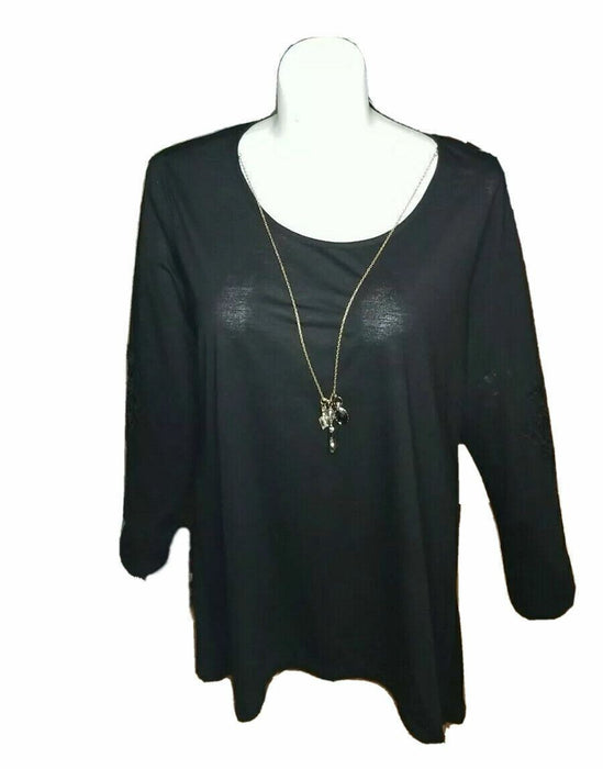 Karen Brooks Black Lace Elbow 3/4 Sleeve Top w/ Necklace (Size: 2X)