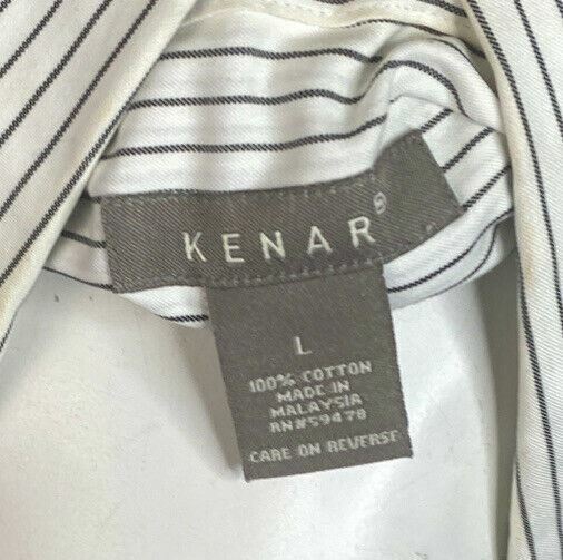 Kenar Women's White and Black Striped  Wrinkle Free Collared Top (Size: L)