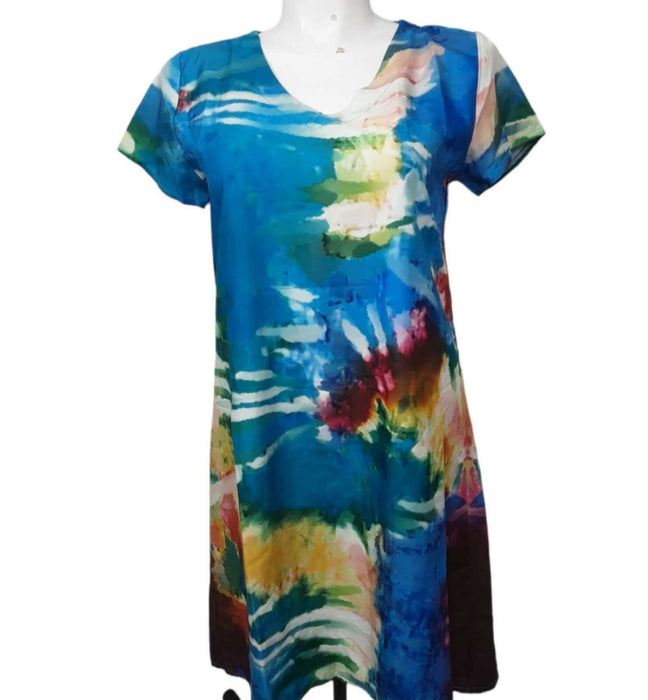 Women's Blue Multicolor V-Neck Bodycon Light Dress (Size: 3XL)