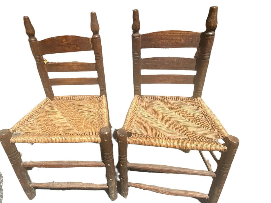 Indian Antique Rustic Hand Craft Ladder Back Wooden Chairs w/ Rush Rope Seating