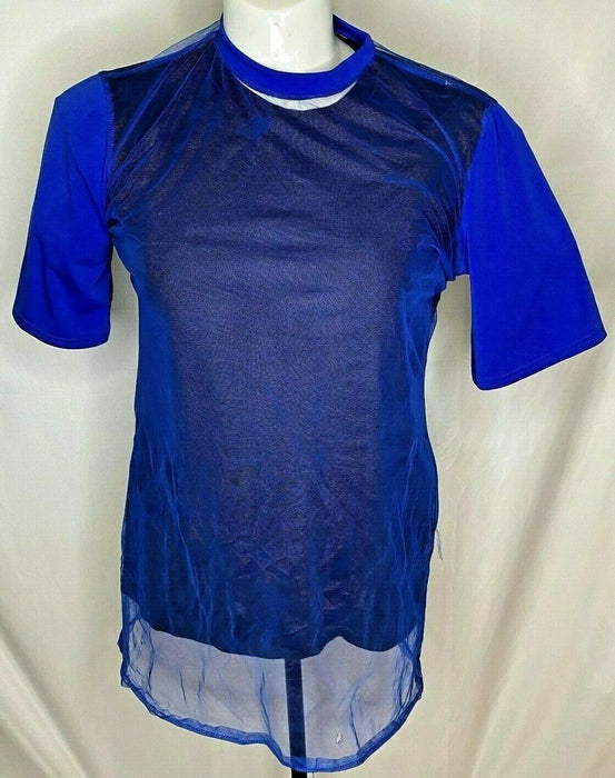 Women's Blue Short Sleeve Crew Neck See Thru Cover Top (Size: L)