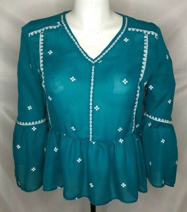 Time And Tru Teal Bell Sleeve Ruffled Bottom Baby Doll Top (Size: M/8-10)