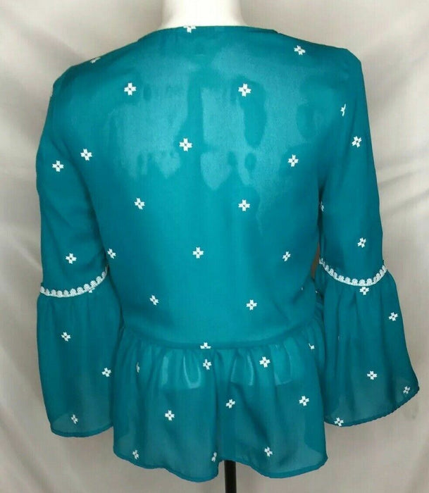 Time And Tru Teal Bell Sleeve Ruffled Bottom Baby Doll Top (Size: M/8-10)